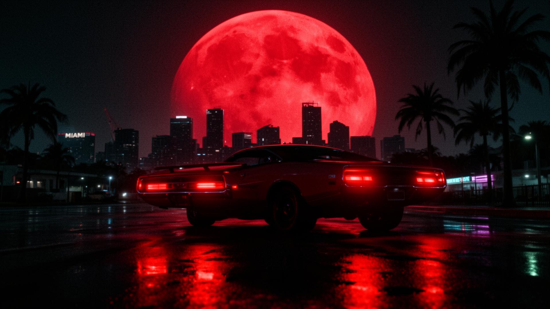 Cinematic Miami night with vintage car